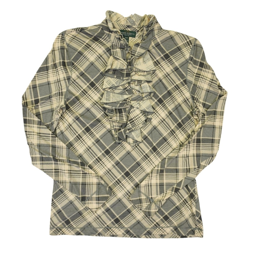 Lauren Ralph Lauren Top Womens PM Grey Plaid Ruffle Front Long Sleeve Cotton
